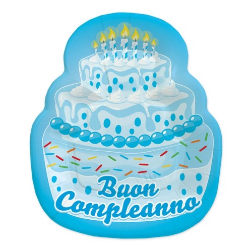 Piatti carta sagomati Buon Compleanno Cake Celeste Cm. 20x24 - Confezione 8 pezzi