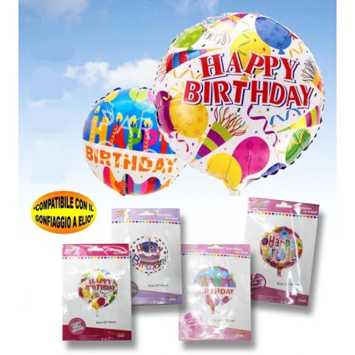 Palloncino mylar rotondo Happy Birthday fantasia Cm. 45