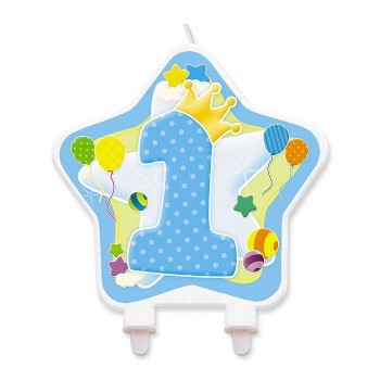 Candelina per torta sagomata 1° Compleanno celeste Cm. 12x12