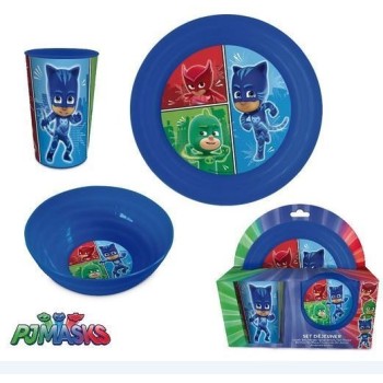 Set 3 pezzi plastica (piatto piano+piatto fondo+bicchiere) Pjmasks