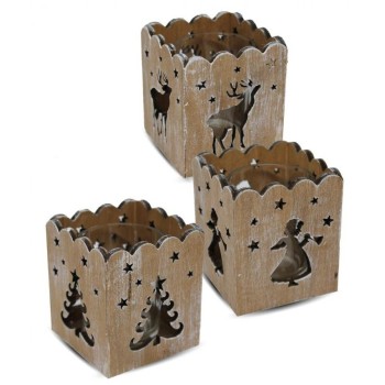 Portatealight natalizio in legno naturale traforato cm. 7x7x8