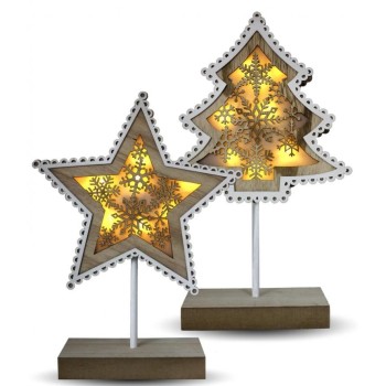 Decorazione in legno con led interni stella/albero di Natale Cm. 36x22x7