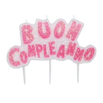 Candelina per torta Buon Compleanno glitter rosa