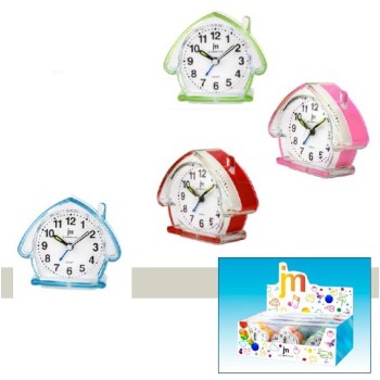 Sveglia quarzo plex con luce e suoneria moto continuo JM Cm. 10x9 - Forme e colori assortiti