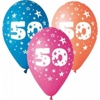 Palloncini lattice grandi Cm. 30 - 50 Anni - stampa Globo multicolor - Blister 100 pezzi assortiti