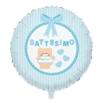 Palloncino mylar rotondo 18" Cm. 45 - Battesimo Teddy Celeste