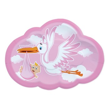 Piatti carta sagomati Cm. 26x18 Cicogna Rosa - Blister 8 pezzi