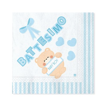 Tovaglioli carta Cm. 33x33 Battesimo Teddy Celeste - Blister 20 pezzi