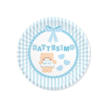 Piatti carta Cm. 18 - Battesimo Teddy Celeste - Blister 8 pezzi