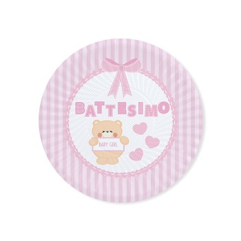 Piatti carta Cm. 18 - Battesimo Teddy Rosa - Blister 8 pezzi