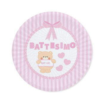 Piatti carta Cm. 24 - Battesimo Teddy Rosa - Blister 8 pezzi